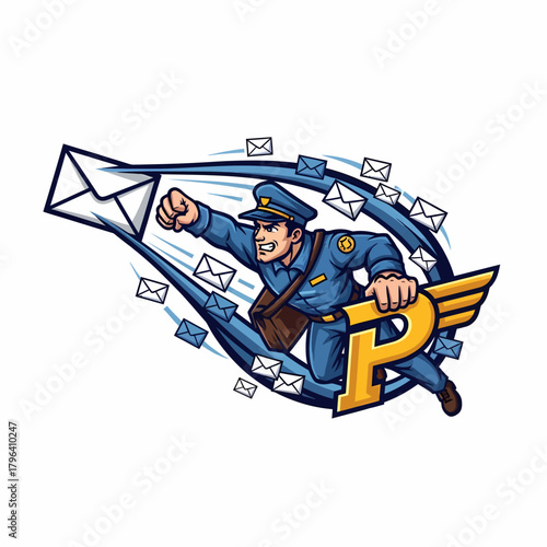 Mascot illustration postman flying delivering mail with p logo wing