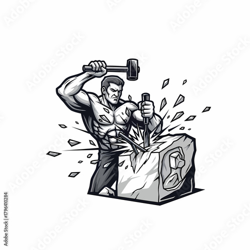 Monochrome illustration of a muscular sculptor with hammer and chisel