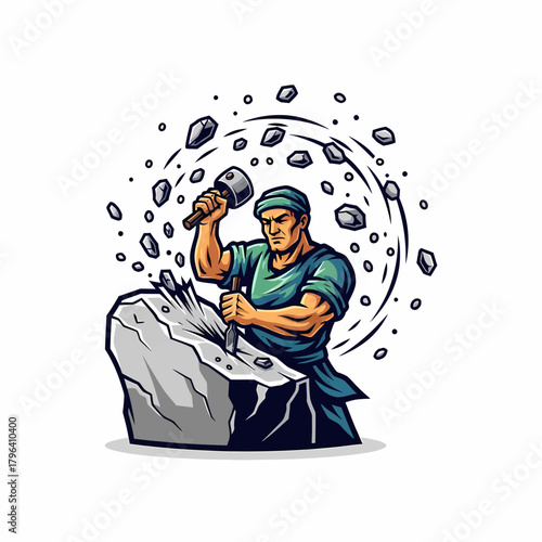 Vector illustration stonemason chiseling granite rock with hammer skill occupation