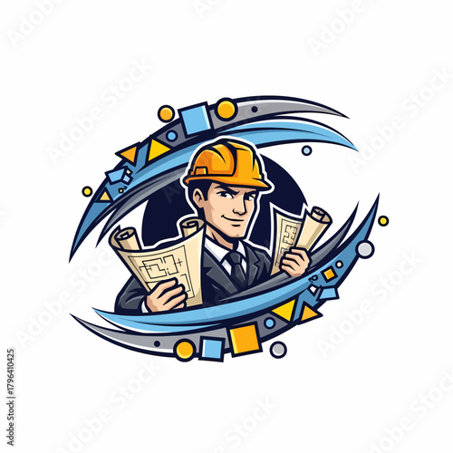 Cartoon architect construction worker holding blueprint plans illustration design