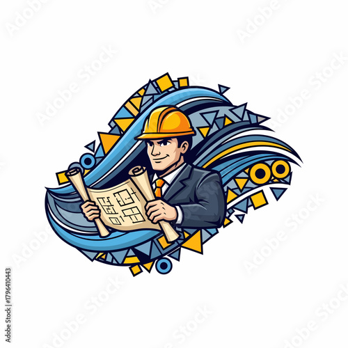 Cartoon architect character examines blueprint against abstract wave background illustration