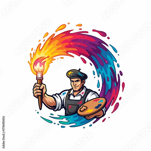 Cartoon artist wielding paintbrush creating colorful paint splash effect circle