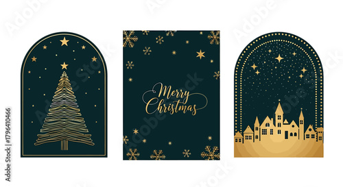Three elegant dark green and gold Christmas illustrations featuring a tree, text, and a village.