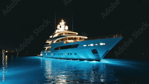Illuminated Yacht at Night: A luxury yacht, gleaming under the stars, cuts through the dark waters. Its interior and underwater lights create a mesmerizing spectacle against the night sky.
