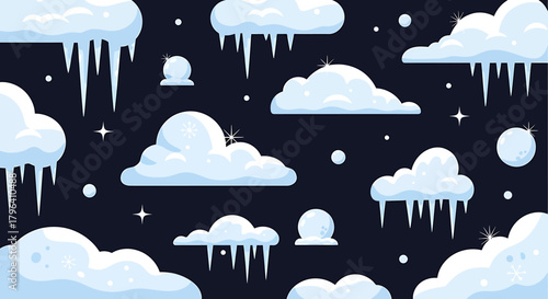 Winter sky with clouds, icicles, and snowballs on a dark background.