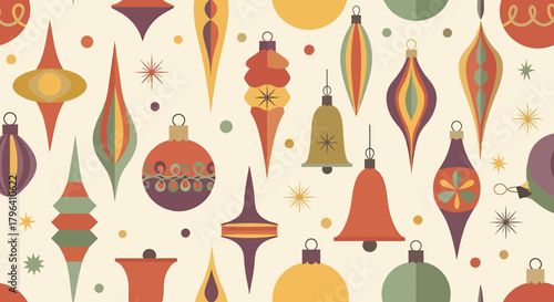 A retro-inspired seamless pattern featuring a collection of vintage-style Christmas ornaments in various shapes and colors.