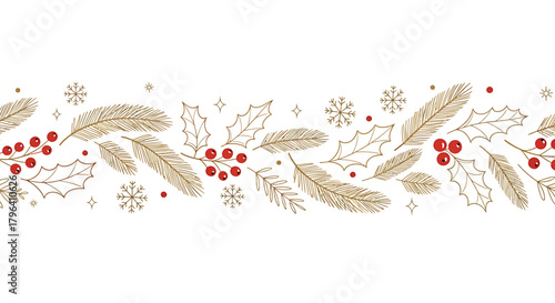 A festive horizontal border design with golden holly leaves, fir branches, and red berries on a white background, adorned with snowflakes.