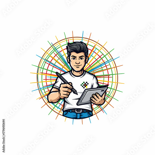Cartoon character holding tablet pen artist digital creation colorful lines