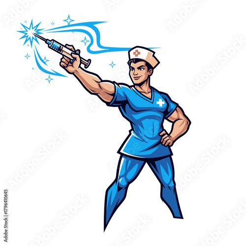Cartoon character nurse with syringe wielding vaccine magic power illustration