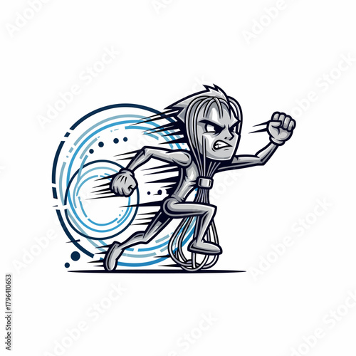Cartoon character riding unicycle with dynamic blue swirling effect