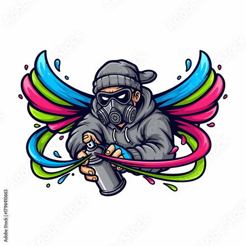 Cartoon character spraying colorful paint with graffiti winged design