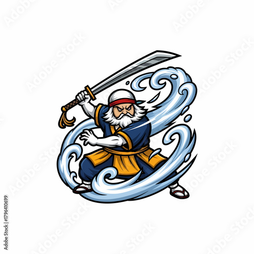 Cartoon character wielding katana with water special effects isolated vector