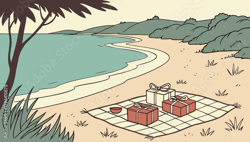 Beach Picnic with Christmas Gifts Vector, An illustration depicting a peaceful beach scene with a picnic blanket and wrapped Christmas gifts, under a tree