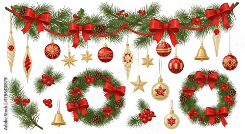A festive collection of Christmas decorations including garlands, wreaths, ornaments, and pine sprigs.