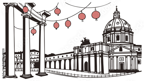 Rome Cityscape with Christmas Lanterns Vector,  Illustration of a Roman cityscape featuring ancient columns and a grand church, adorned with festive hanging lanterns