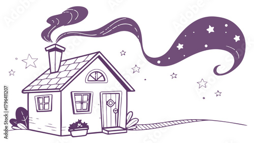 Cozy House with Magical Starry Smoke Vector,  A delightful outline illustration of a cozy house with smoke curling from its chimney and transforming into a magical, starry stream