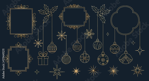 Elegant collection of gold line art Christmas ornaments, frames, and icons on a dark blue background.