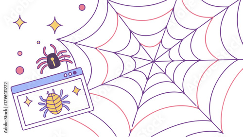 Cyber Security Spider Web and Bug Vector,  A vibrant illustration depicting a spider web with a locked spider and a computer window displaying a bug, symbolizing cyber security threats