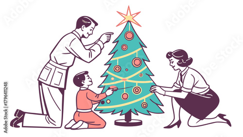 Family Decorating Christmas Tree Together Vector Silhouette,  A nostalgic illustration of a family (father, mother, and son) happily decorating a Christmas tree together
