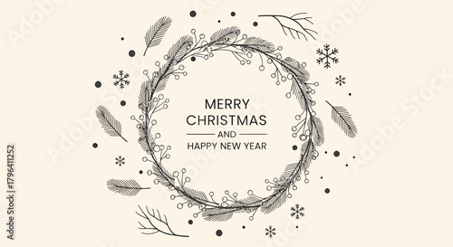 A delicate hand-drawn Christmas wreath with pine needles and snowflakes, featuring the text "Merry Christmas and Happy New Year".