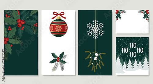 Collection of festive Christmas card designs featuring holly, mistletoe, snowflakes, ornaments, and winter scenes.