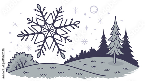 Winter Snowflake and Forest Landscape Vector, Illustration featuring a large snowflake hovering over a serene winter landscape with evergreen trees and rolling hills