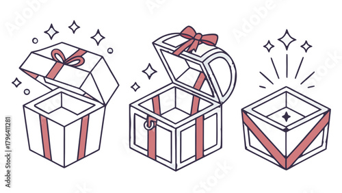 Empty Gift Boxes and Treasure Chests Set Vector,  A set of line-art illustrations depicting three different styles of empty, open gift boxes and a treasure chest, with pink ribbon accents.
