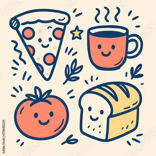 Cute Kawaii Fast Food Doodle Characters Vector
