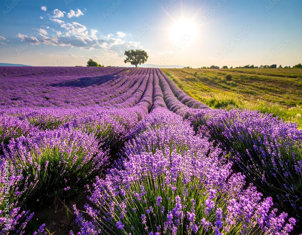 Naklejka premium Sunny landscape showcasing lavender fields with a lone tree
