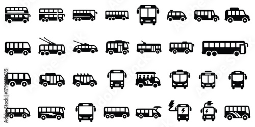 Collection of black bus and van icons on white background vehicle transport