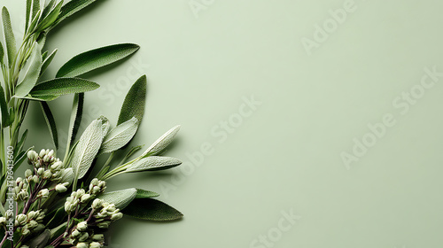 Fresh green sage rosemary sprigs with delicate white buds herbs