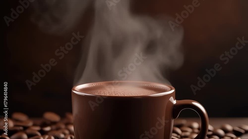 A steaming dark brown mug of hot coffee surrounded by scattered roasted coffee beans on a dark background, evoking warmth and comfort.