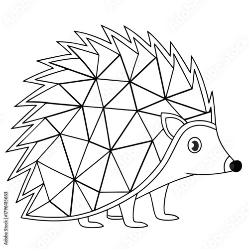 Stylized illustration of a hedgehog with a body covered in geometric triangular patterns, featuring a visible eye, nose, and four legs.