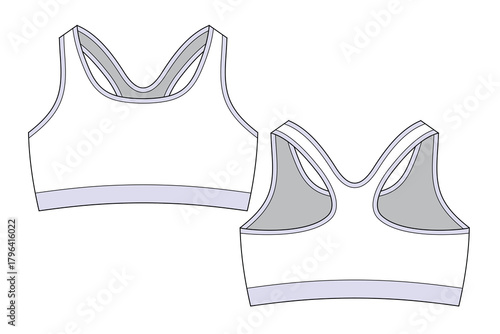 Sport bra front and back view mockup template vector design technical illustration.