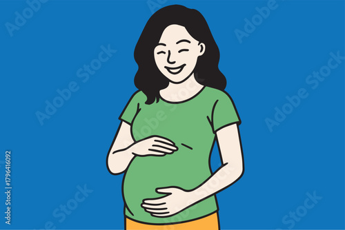 A soft warm color vector image featuring a smiling expectant mother touching her belly, drawn in a tender and calming style that reflects love, hope, and the gentle emotion of pregnancy.