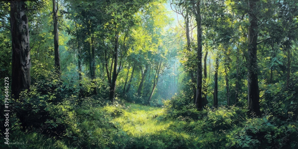 Fototapeta premium Lush forest scene with sunlight filtering through trees