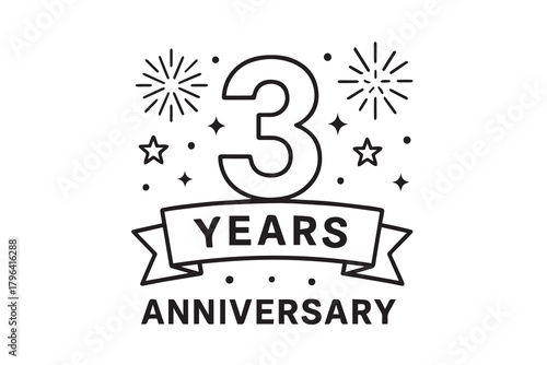 A creative black and white vector illustration featuring doodle fireworks and festive shapes that highlight the 3rd anniversary celebration in a charming, artistic, and finely detailed sketch style.