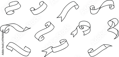 Vector set of hand-drawn ribbon banners and scrolls in a sketch style, isolated on white for decorative text and design