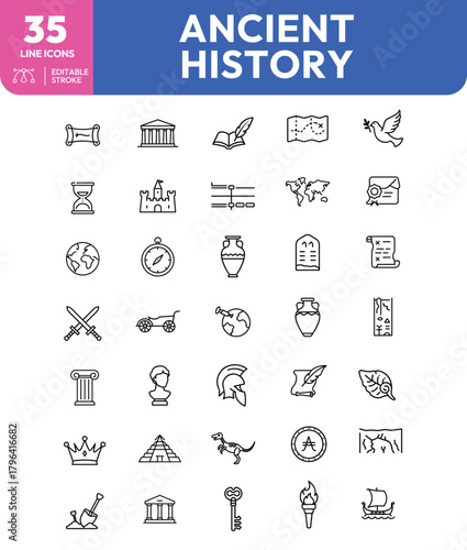 Ancient History Line Icons Scroll Temple Book Map Dove Hourglass Castle Timeline World Seal
