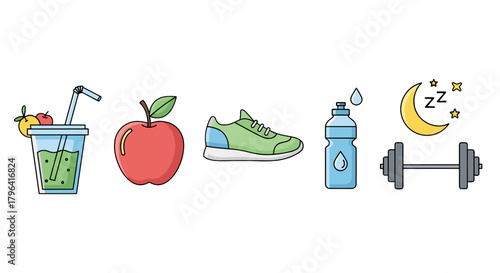 Healthy Lifestyle Icons Showing Nutrition Exercise Sleep and Hydration for Wellness