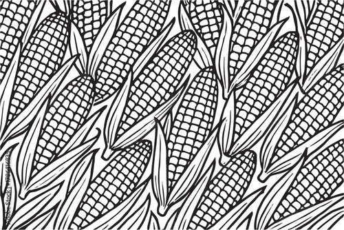 A stylish black and white vector pattern filled with multiple corn elements arranged evenly across the background, offering a clean, minimal, and organic agricultural inspired visual theme.