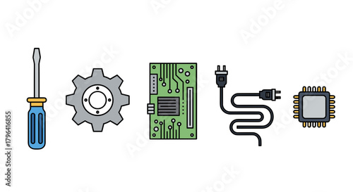 Computer hardware components for repair and construction including screwdriver gear circuit board cable and processor