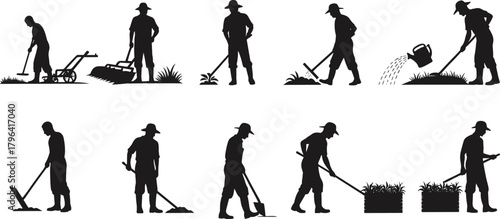 Gardening silhouettes, farming vector, soil preparation, planting seeds, watering plants, crop harvest, garden tools, black silhouette, agriculture icon, garden work