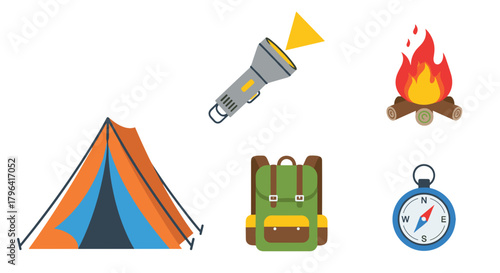Outdoor camping adventure icons including tent flashlight campfire backpack and compass isolated on transparent background
