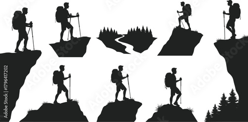 Hiker silhouette vector, outdoor adventure clipart, black nature icon, cliff trekking pose, forest and river graphic, hiking design