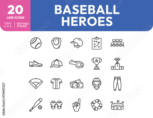 Baseball Heroes Line Icons Depicting Game Essentials Gear Strategy and Teamwork