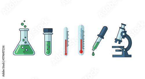 Set of laboratory equipment including flask test tubes thermometers and microscope isolated on black background