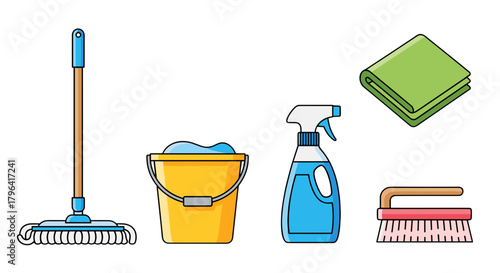 Household cleaning supplies set with mop bucket spray bottle and brush isolated on white background