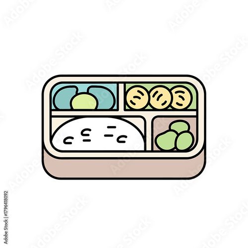 Stylized bento box illustration featuring a balanced and healthy lunch meal with rice and various side dishes in a portable container, perfect for daily meals and portion control