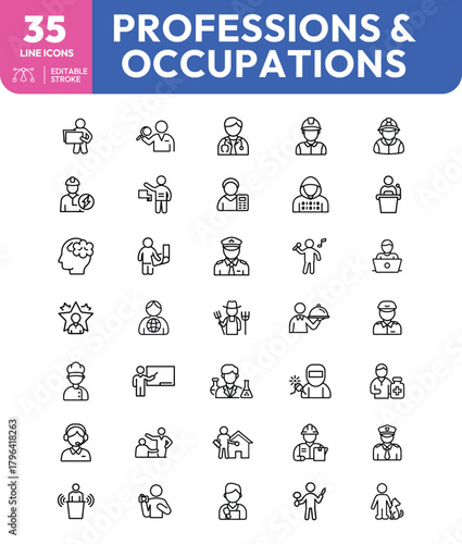 Diverse Professions and Occupations Line Icons Set A Comprehensive Visual Representation